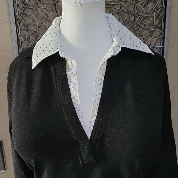 Cable & Gauge Black and White Silk Blend V-neck Sweater With Faux Shirt - Picture 2 of 6